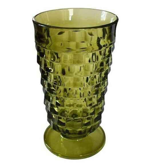 MCM VTG Indiana Whitehall Colony Avocado Green Cubist Tumbler Footed Glasses - Picture 1 of 1